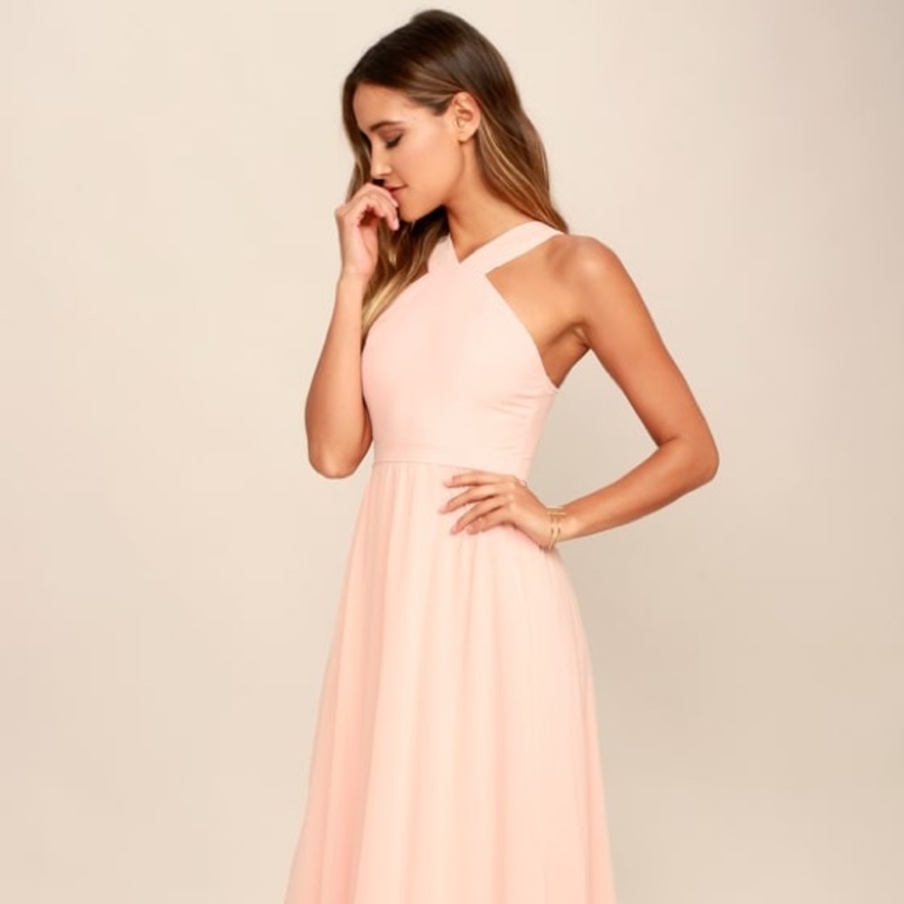 Peach bridesmaid dress from Lulus.
